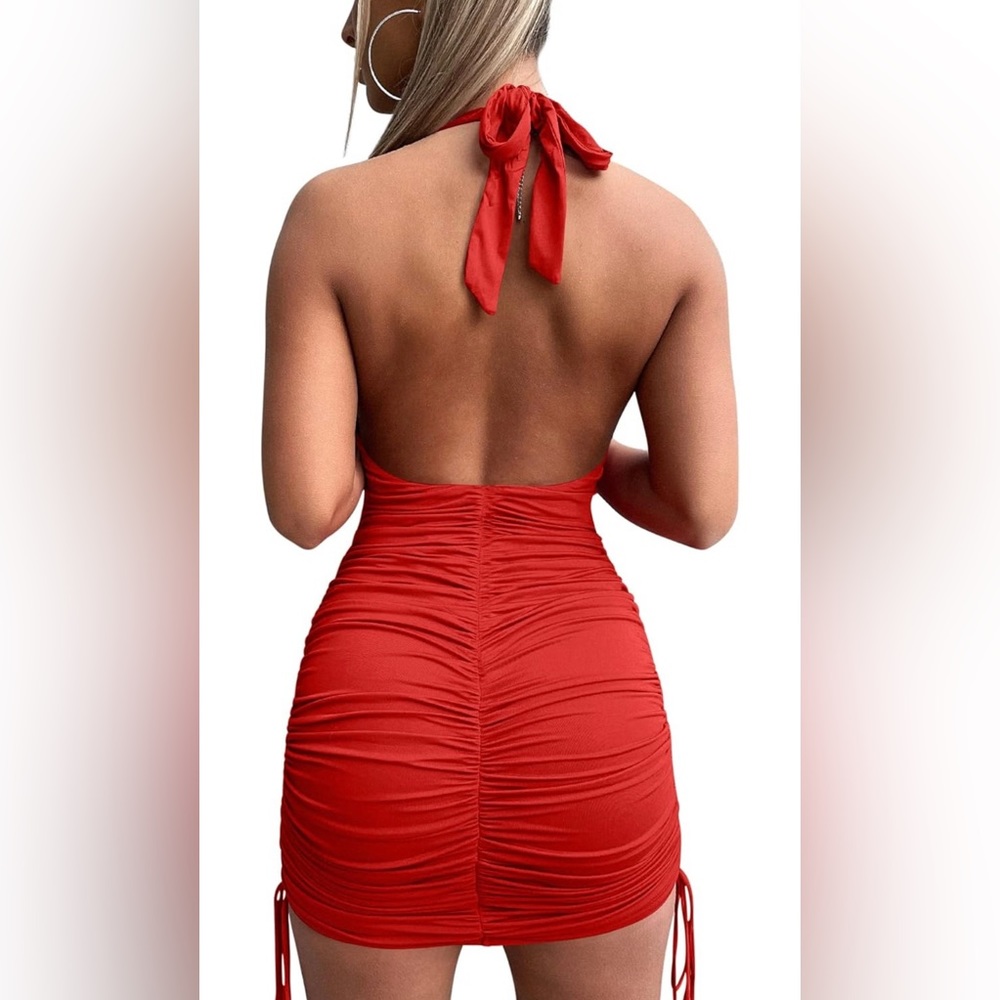 NWOT Halter Bodycon Ruched Drawstring Mini Club Dress Size Medium - Picture 2 of 5